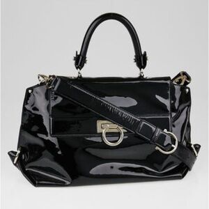 Salvatore Ferragamo Black Patent Leather Sofia Gancini Satchel